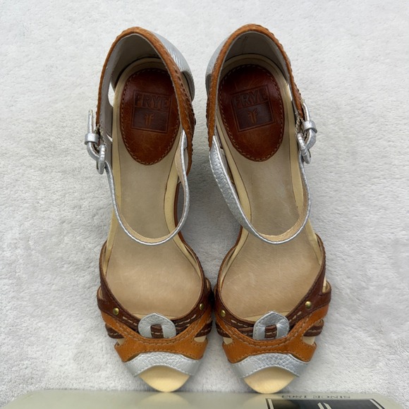 Frye Shoes - FRYE Agnes Woven Leather Silver Brown Peep Toe Heel Sandals Sz 6.5M MSRP $198